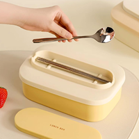 Boîte à lunch bento en silicone anti-fuite Asia avec cuillère et fourchette en acier inoxydable 304, rangement alimentaire pour la maison, le bureau et les voyages