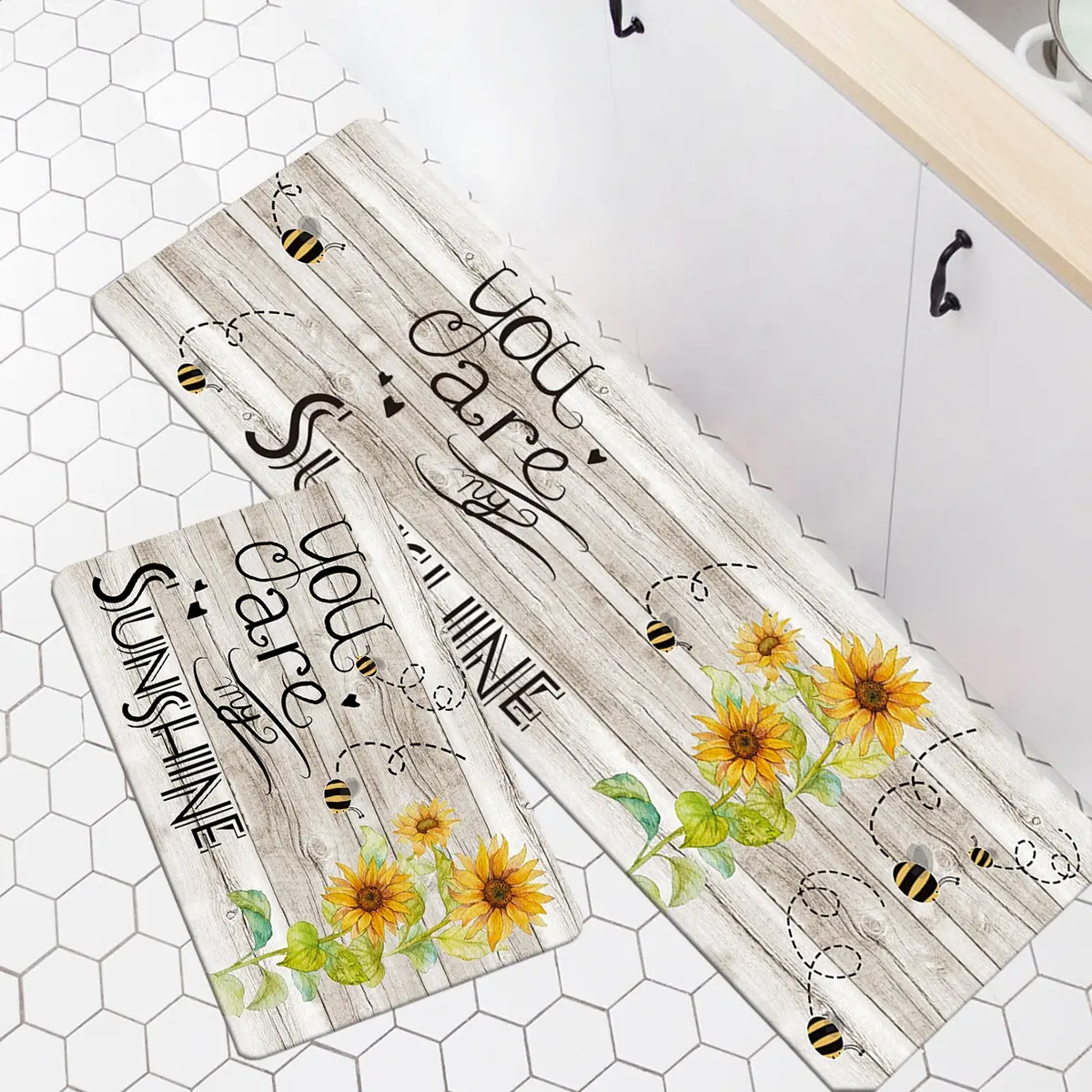 Customized Sunflower Design Floral Print PU FOAM Kitchen Carpet 2 Pieces Microfiber rugs Non-slip Soft Kitchen Mat