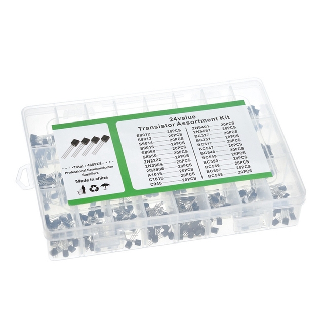 24Values TO-92 Transistor Assortment Assorted Kit Each BC327 BC337 BC517 BC547 BC548 BC549 2N2222 3906 3904 5401 5551 C945 1015