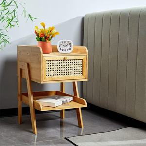 Mesita de noche de bambú y ratán, mesa estrecha, estante de almacenamiento, mesita de noche con cajón de tela para dormitorio, mesita de noche para dormitorio en casa - Product Image 1