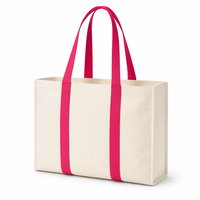Tas Tote Kanvas Panel Logo Kustom Wanita Gagang Panjang Dua Warna Krem Pink Tali Vertikal Kasual Komuter Grosir