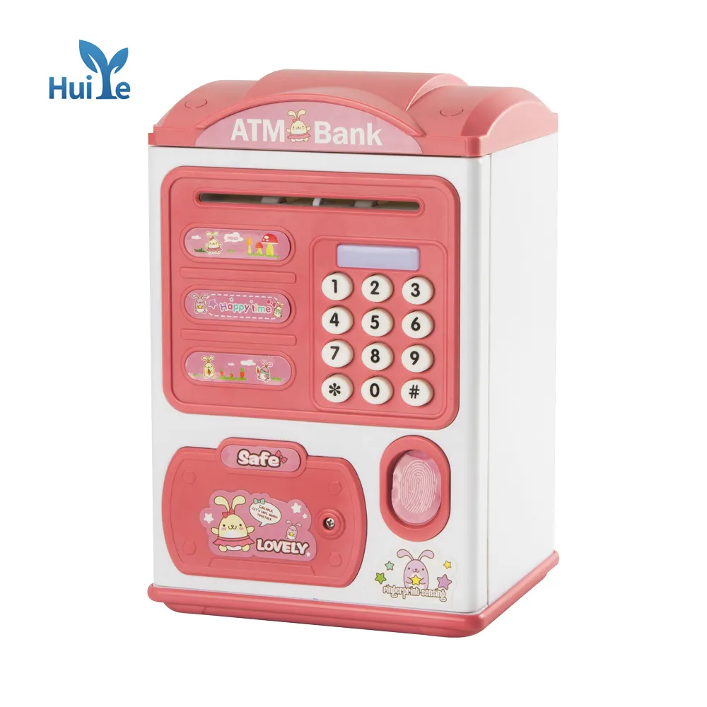 Huiye High quality plastic blue money box with password save paper money and coin mini electric ATM piggy bank for kids