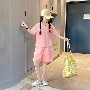 Completi <span class=keywords><strong>Abbigliamento</strong></span> Bambina 2026, Set Estivo Ragazza Adolescente Rosa Beige Tinta Unita, Polo a Maniche Corte e Pantaloncini - Product Image 1