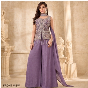 Lavender Embroidered Palazzo Suit Set with Designer <b>Jacket</b> and Dupatta <b>Women</b> Party Wear <b>Wedding</b> Festive Outfit - Product Image 4