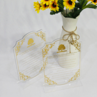 Numéros de table créatifs en acrylique transparent 5x7, panneau de menu de mariage, carte de lieu d'événement imprimée en or avec base