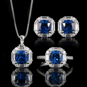 Wholesale Eco-friendly Copper Square Geometric Jewelry <b>Set</b> Round Cut 8*8mm Blue Cubic Zirconia <b>Earrings</b> Necklaces Ring for Women - Product Image 4
