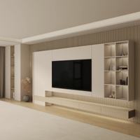 Meuble TV pour salon, panneau mural en bois grainé, écran rétroéclairé LED, niche, étagère en métal, ensemble de meubles flottants