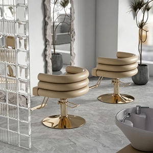Chaise de coiffeur pivotante de luxe pour femmes, mobilier de salon de beauté moderne, cuir rose, base ronde dorée, petite chaise de coiffure - Product Image 3