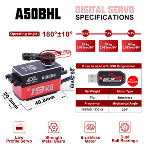 มอเตอร์ AGFRC A50BHL 19KG แรงบิดสูง 8.4V HV เกียร์โลหะ แบบไร้แปรงถ่าน ดิจิตอล โปรไฟล์ต่ำ ตั้งโปรแกรมได้ สำหรับรถบังคับ หุ่นยนต์ เรือบังคับ เครื่องบินบังคับ - Product Image 4