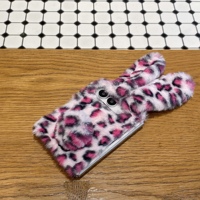 Coque Hiver Chaude 3D Lapin en Fourrure Douce pour iPhone Duo, Motif Léopard, Oreilles Longues, Peluche Moelleuse, Housse Antichoc
