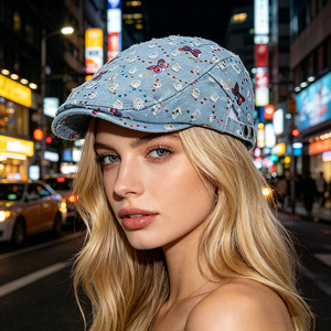 Casquette plate style japonais Y2K à sequins et rayures papillon, rétro, effet amincissant, chapeau de plage en jean pour femme, collection automne, style peintre - Product Image 5