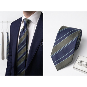 Premium Jacquard Woven Navy Blue Olive Green Striped Men's Neck Tie Polyester Silk Feel Classic Business Formal 148cm 8cm - Product Image 3