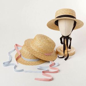 Chapeau d'été pour enfants, nouveau chapeau de paille à calotte plate en paille de blé, avec sangle, pour la plage, le tourisme en extérieur, protection solaire, large bord, chapeau pour enfant - Product Image 1