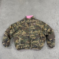 Blouson Bomber Réversible Personnalisé à Double Fermeture Éclair pour Homme, Style Vintage Délavé Camouflage, Doublure Polaire Rose, Mini Logo Brodé