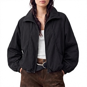 Wholesale Premium Ladies Cropped <b>Windbreaker</b> Jacket Minimalist <b>Black</b> Oversized Silhouette High Collar Fashion Outerwear - Product Image 4