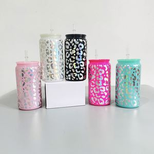 16Oz <b>Vinyl</b> <b>Wrap</b> Decal Can Cheetah Print Beer Glass High Borosilicate Leopard Coffee Mug Cup With Plastic Lid - Product Image 1