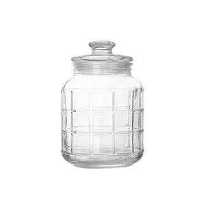 Jinghuang Thuis Decoratieve Unieke 2.2l 74.4Oz Goedkope Grote Glazen Pot Voor Voedselopslag Met Rasterpatroon