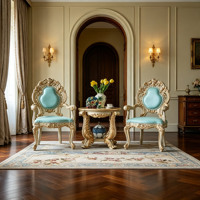 Ensemble de chaise d'appoint et table d'appoint de style vintage européen, cadre en bois massif sculpté à la main, revêtement en cuir, meubles de salle à manger et de loisirs