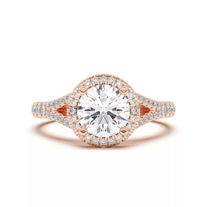 Bague de fiançailles pour femme en or rose 18 carats avec halo de diamants à 4 griffes et double pavé sur le sertissage - Product Image 1