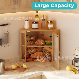 Boîte à pain en bambou, armoire de rangement en bois avec porte en verre, organisateur de nourriture de cuisine à 2 niveaux, couleur bois naturel - Product Image 2