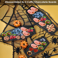 Decoración gótica de madera negra, tablas de charcutería de ataúd, bandeja de servicio y platos de 3 niveles, decoraciones para fiesta de Halloween, soporte para cupcakes