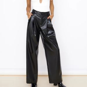 Pantalon en similicuir PU pour femme, coupe droite ample, couleur unie, avec boutons, style mode, jambe large - Product Image 1