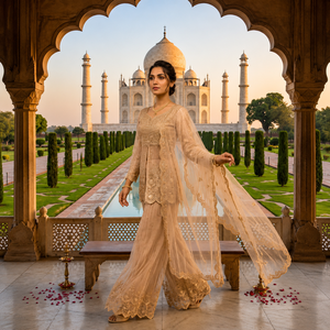 Hermoso y elegante conjunto tradicional indio de salwar kameez con bordados y lentejuelas, top, pantalón palazzo y dupatta para bodas y fiestas. - Product Image 1