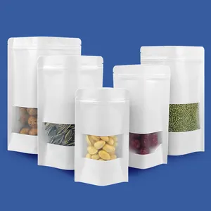 Bolsa de alimentos de papel Kraft blanco PET personalizada impermeable al por mayor bolsa de pie con cremallera frutos secos bolsa de embalaje de aperitivos con ventana
