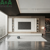 Meuble TV mural intégré SLS moderne et minimaliste, panneau en bois rainuré, console multimédia rétroéclairée par LED, armoire de salon sur mesure