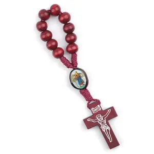 Venta al por mayor anillo mujeres rosario-Rosario de la década de san cristóbal, cuentas de madera católica, anillo religioso de oración, rosario
