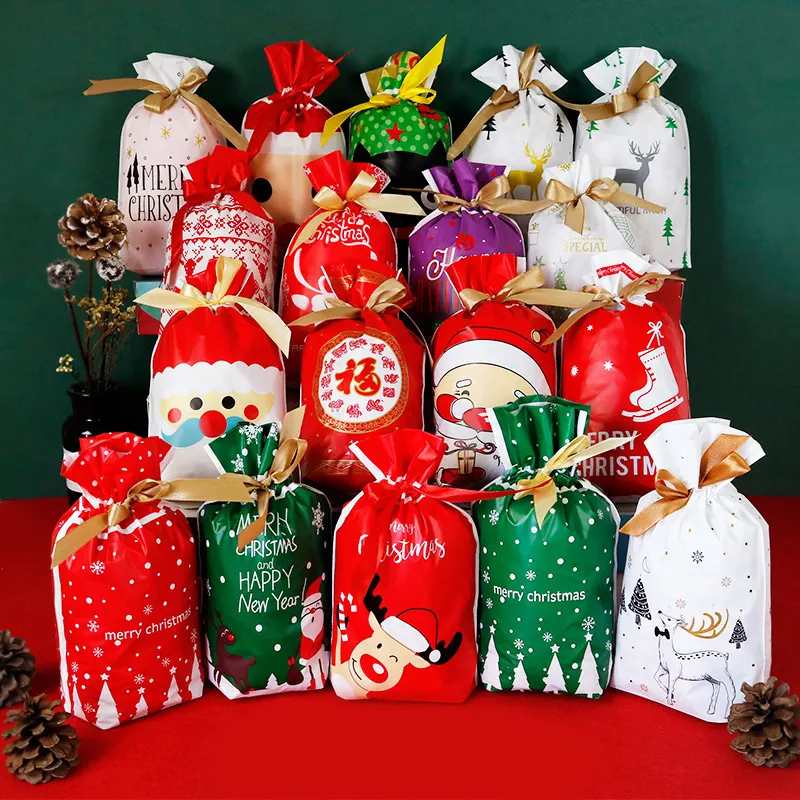 50 Stks/pak Kerst Trekkoord Geschenk Snoep Koekje Tas Christmas Party Traktatiezakken Plastic Zakjes Voor Xmas Party Gunsten Bruiloft