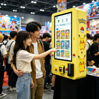 Máquina expendedora de cartas coleccionables (simples o en paquetes) con ranura dispensadora, compatible con pago sin efectivo y pago con billetes.