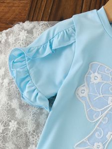 Set estivo da 2 pezzi per bambina, maglietta con maniche a volant e applicazione di fiocco in pizzo + pantaloni laterali in rete floreale con elastico in vita, <span class=keywords><strong>completo</strong></span> per bambina - Product Image 6