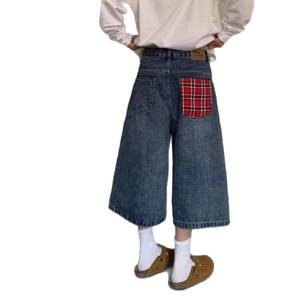 American Retro Summer Jeans-Shorts mit hoher Taille und weitem Bein für Frauen Plaid Patchwork Vielseitige Capri hose Lose lässige Taille - Product Image 5