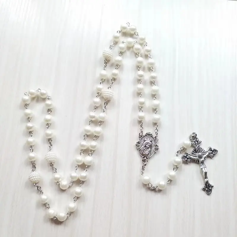 Venda quente Pérola 8MM Beads Rosário Cruz Católica Colar Jóias Religiosas Atacado