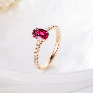 Perhiasan Mode Turmalin Merah Muda Alami Sederhana Cincin Berlian Janji Pernikahan Oval Cincin Janji Emas 18K untuk Perhiasan Wanita - Product Image 3