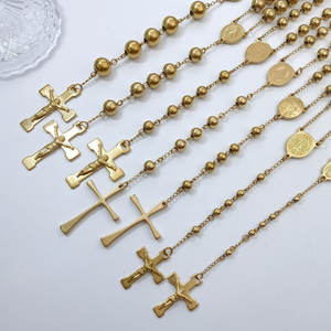 Collares Religiosos de Acero Inoxidable con Cuentas, Collar de Rosario con Cruz de Oro Sólido de 14k y 18k para Mujeres, Hombres y Niñas - Product Image 1
