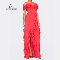 Robe de plage en mousseline de soie rouge rose sur mesure Bretelles à manches courtes en dentelle coupe-taille fente ludique longueur au sol Design taille naturelle