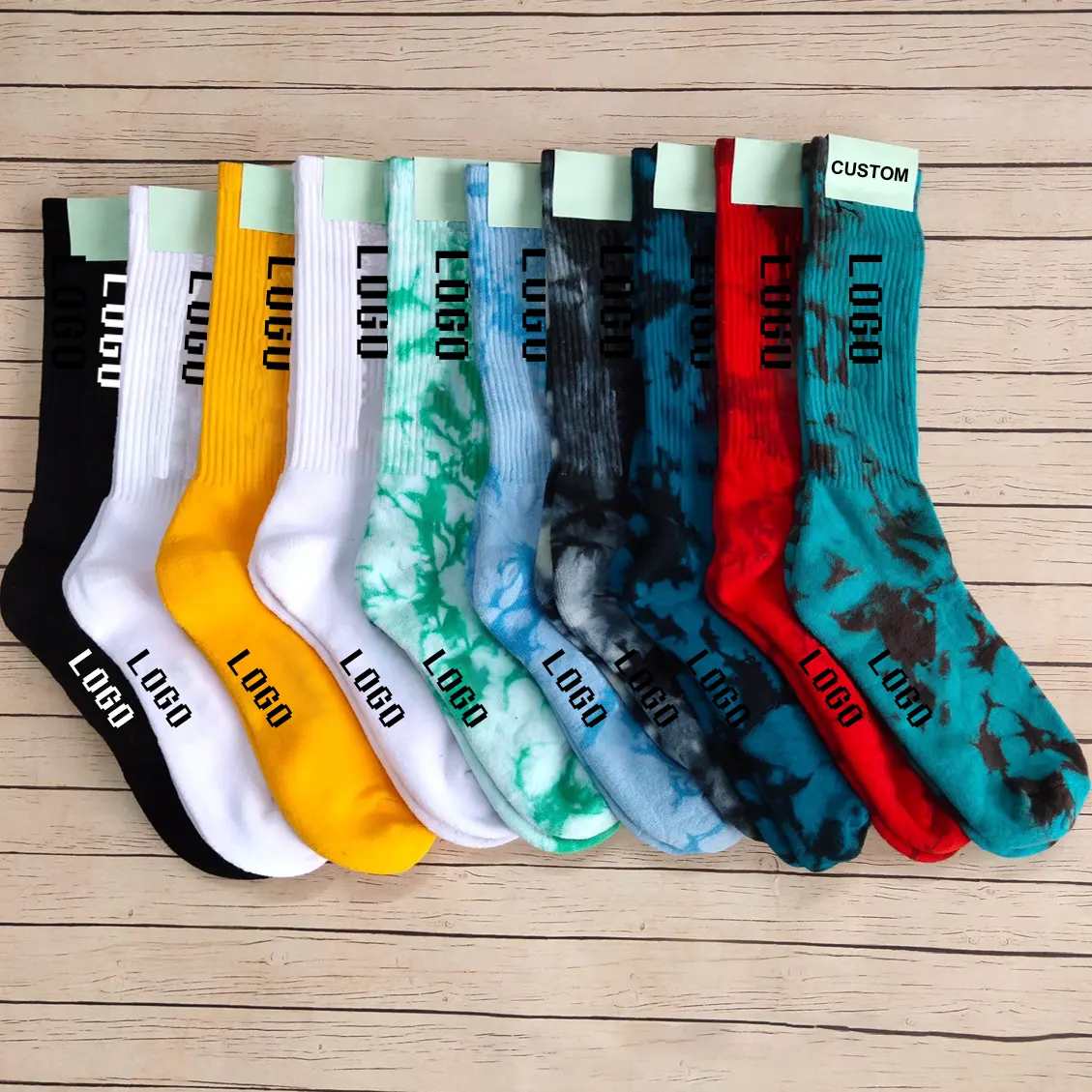 Custom logo crew solid color men socks knitted cotton brand tie dye athletic sport socks for men