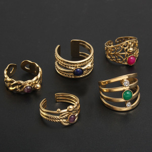 Ajustável Aço Inoxidável 18K Banhado A Ouro Gemas Naturais Pedra Oco Simples Anel Moda Mulheres Homens Jóias Atacado Pode Personalizado - Product Image 1