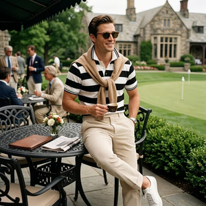 Custom Heavyweight 100% Pique Cotton <b>Men</b> Polo <b>Shirt</b> Classic Black and White Horizontal Striped Old Money Style Slim Fit Polo Tee - Product Image 1