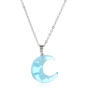 Trend Blue Sky White Clouds Moon Pendant Necklaces for Women Men Stainless Steel Chain Necklace Jewelry Accessories