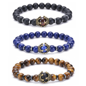 Nouveau charme mode bijoux naturels élasticité Antique couronne bleue oeil de tigre pierre perlé hommes <span class=keywords><strong>Bracelet</strong></span> - Product Image 1