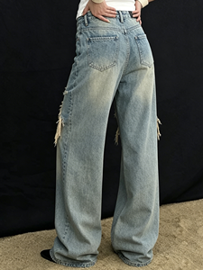 Nouveau Jean d'été 2026 pour <span class=keywords><strong>Femme</strong></span>, Vintage, Délavé, Effet Usé, à Franges et Bords Effilochés, <span class=keywords><strong>Coupe</strong></span> Droite Longueur Ras du Sol, en Denim Déchiré Irrégulier - Product Image 3