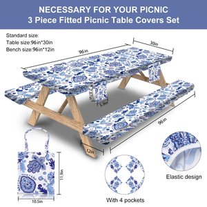 Bộ 3 Chiếc Khăn Trải Bàn Dã Ngoại Cắm Trại Chống Nước Chống Dầu In Hình Chữ Nhật Vừa Vặn Co Giãn 72X28 Inch Bộ Khăn Trải Bàn Và Băng Ghế Dài - Product Image 2