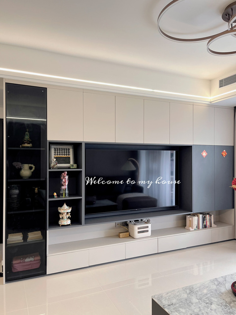 Modern TV Cabinet with LED Glass Doors and Open Shelves Grey TV Unit for Living Room Custom