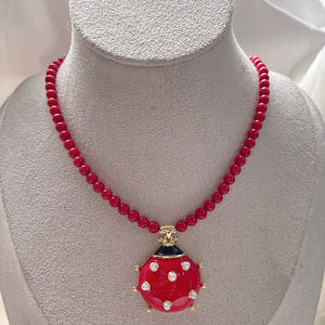 Estate spiaggia naturale gioiello di pietra preziosa di bambù rosso <span class=keywords><strong>collana</strong></span> di corallo <span class=keywords><strong>con</strong></span> <span class=keywords><strong>coccinella</strong></span> ciondolo regalo fortunato bohémien per le donne - Product Image 5