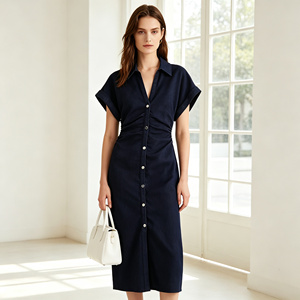 <span class=keywords><strong>Abito</strong></span> chemisier elegante in denim da donna, con vita arricciata, lunghezza <span class=keywords><strong>midi</strong></span>, maniche corte e bottoni - Product Image 1