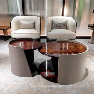 Meja Kopi Bulat Mewah Top Veneer Modern Kualitas Tinggi untuk Ruang Tamu Set Furnitur Meja Pusat Kulit