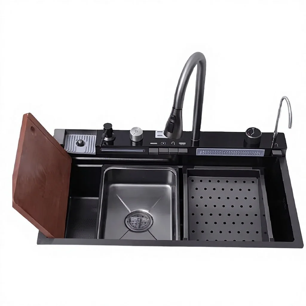 Factory Direct Nano Black Honeycomb Embossed Stainless Steel Smart Kitchen Sink with LED Digital Display Faucet
